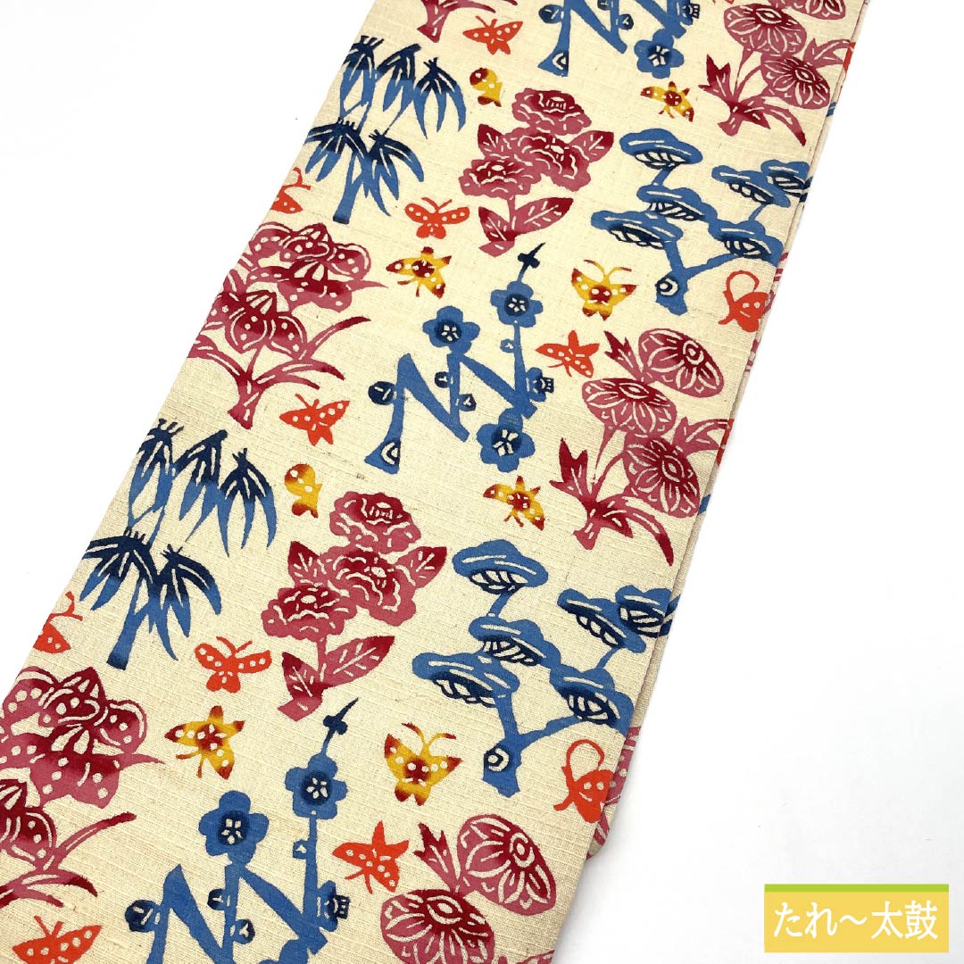 Nagoya Obi, Pure Silk, S-Rank, Natural Color (Kinari-iro), Stencil-Dyed, Tsumugi Fabric, Bingata Style, Length 369cm, Six-Ply, Casual, Cream-Tone, Product Number 1124009692315, Nagoya Style