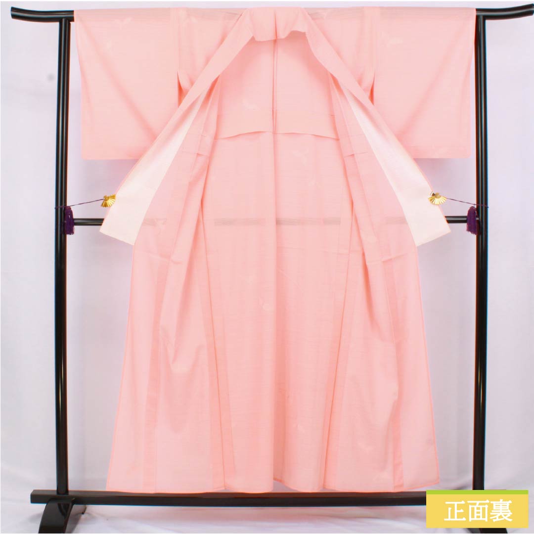 Summer pure silk komon kimono, length 154cm, sleeve length 63cm, pale crimson red (usubeniakairo), crested ro (ro) fabric with a plant and tree pattern, S rank, pink, product number 1132002852213