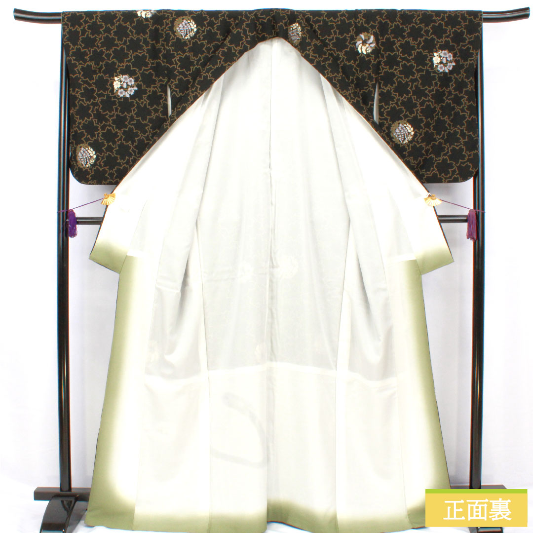 Small pattern, polyester, length 166.5cm, sleeve length 67cm, lined, washable kimono, cherry blossom, floral pattern, S rank, black, 1115004952510