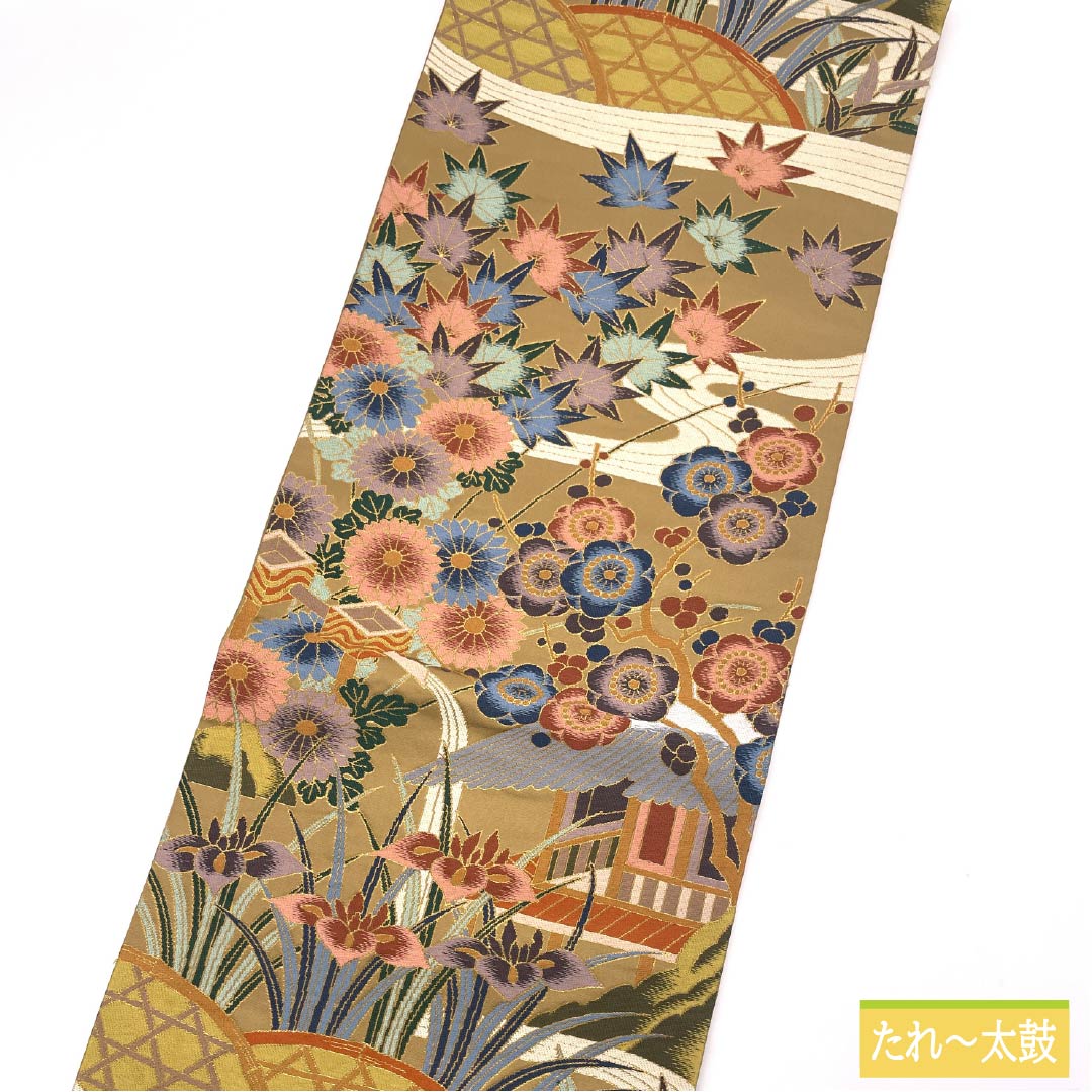 Fukuro Obi (sash) made of pure silk, S-rank, in a gray-yellow Yamabuki color, by Hakuryoen Oba, featuring a classic autumn leaf and iris pattern. Length: 434cm, six-fold, formal, beige. Product number: 1123015072325