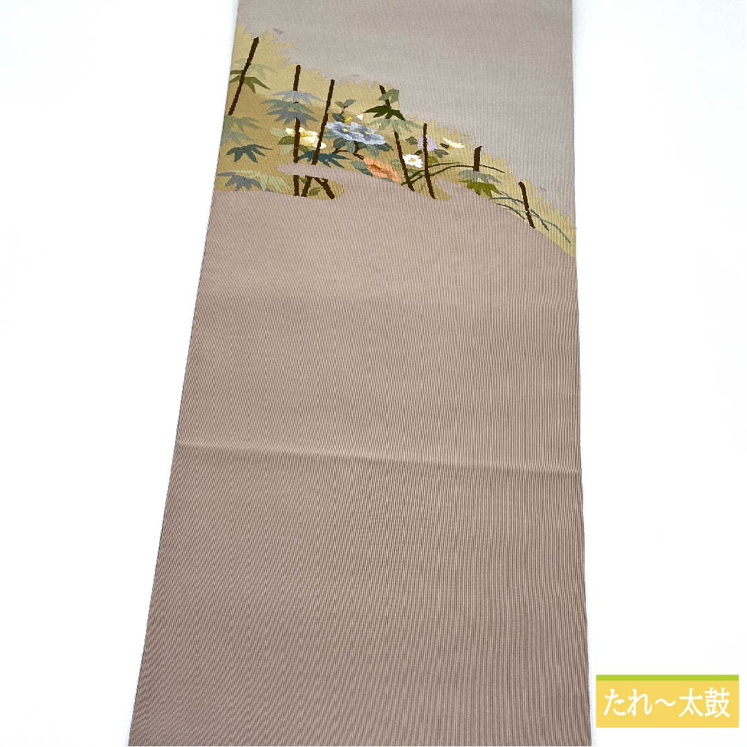 Nagoya obi, grayish white, bamboo, curtain flower, obi length 370cm, pure silk, S rank, point pattern, casual, gray, 1124006422322, pine needle style