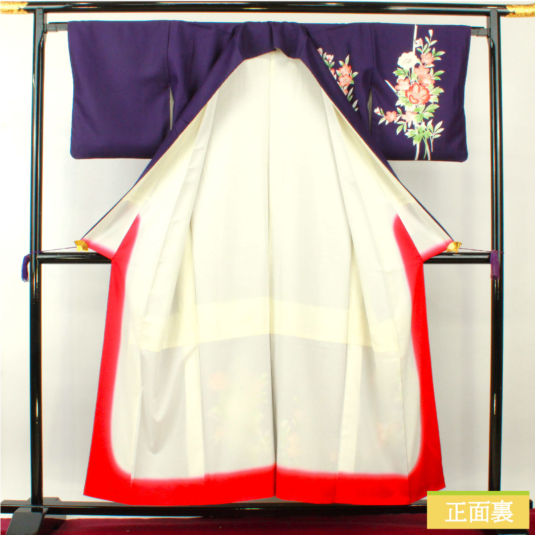 Homongi (formal kimono) made of polyester, lined, length 155.5cm, sleeve length 64.5cm, dark blue, washable, floral pattern, tsukesage, A rank, purple, 1112004233320