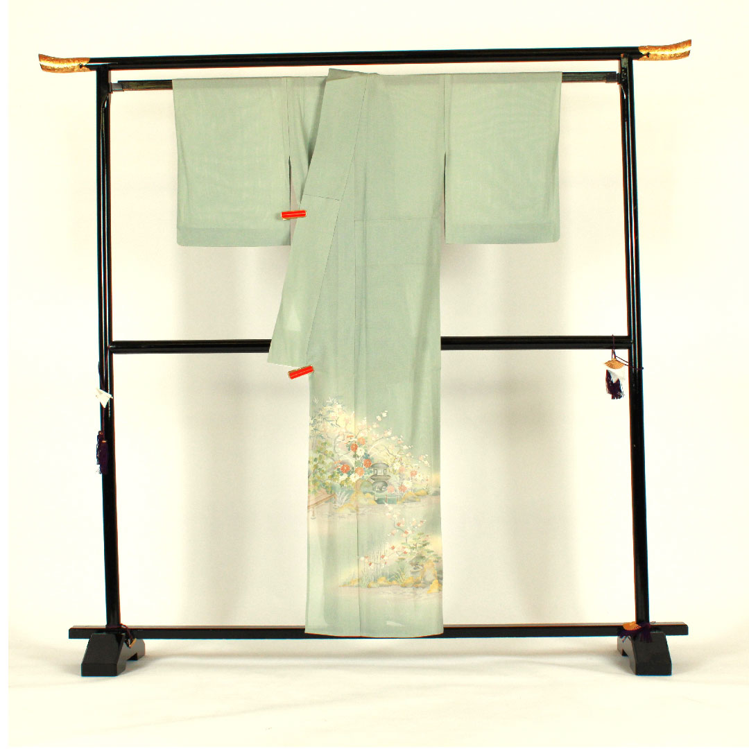 Colored Tomesode, Length 156.5cm, Sleeve Length 64cm, Gauze, Garden Scenery, Artist's Work, Pure Silk, A Rank, One Crest, Green, 1111000153319