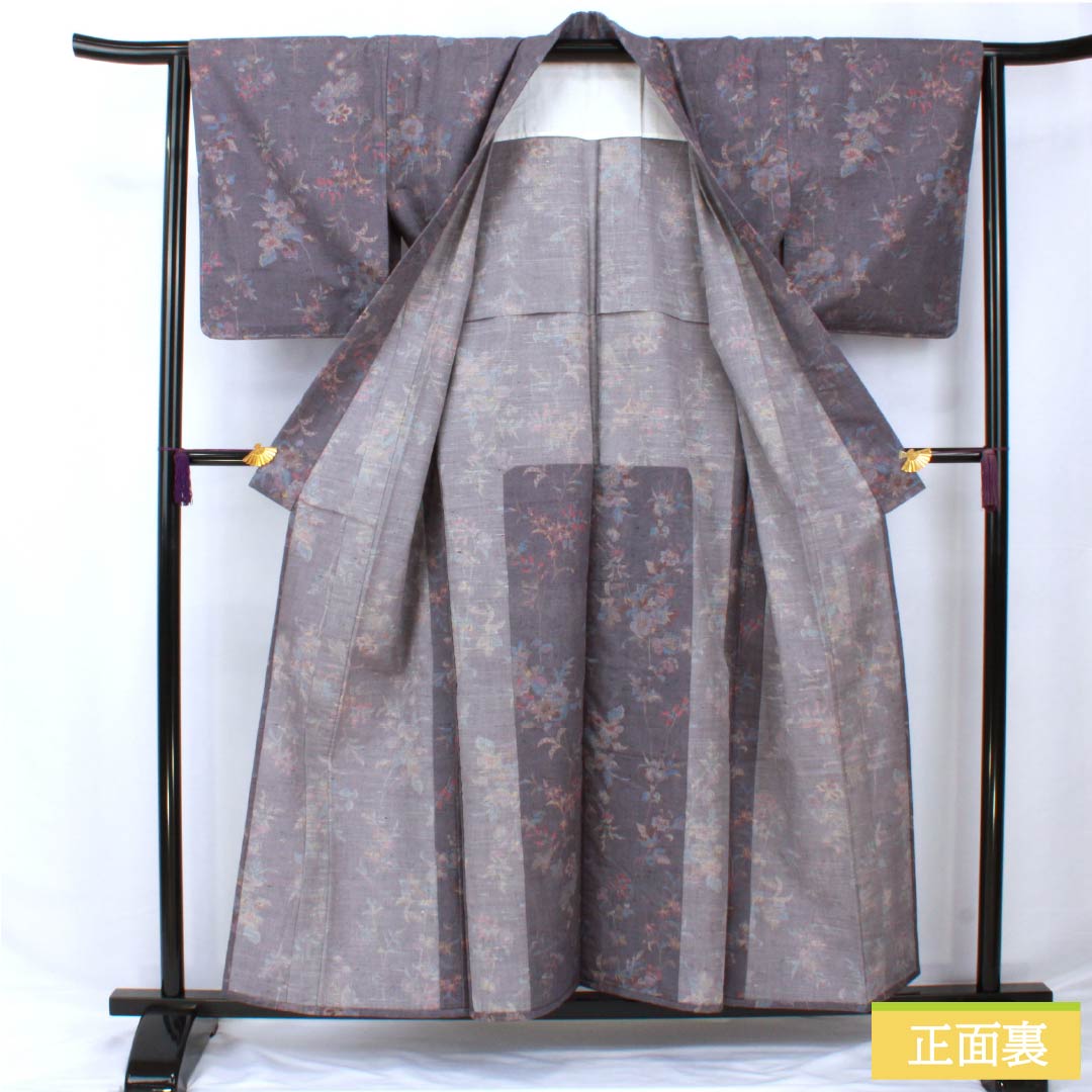 小紋 正絹 身丈157cm 裄丈63cm 単衣 相思鼠色（そうしねずいろ） 型染 紬地 草花模様 Sランク 紫系 1115005762320