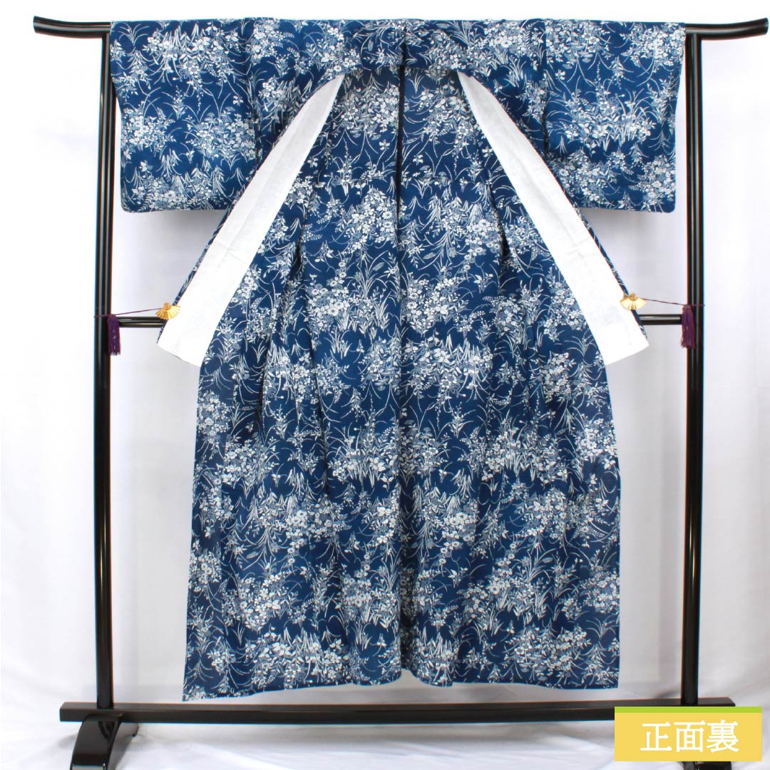 Cotton Yukata (Japanese summer kimono), Length 149cm, Sleeve Length 63.5cm, S Rank, Navy Blue with Indigo and Bellflower Pattern, Cotton Ro, All-over Floral Pattern, Product Number: 1118006352118