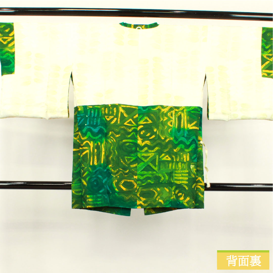 Michiyuki coat, pure silk, length 86.5cm, sleeve length 66.5cm, abstract pattern, wax-resist dyeing, S rank, lined, green, 1117000892919
