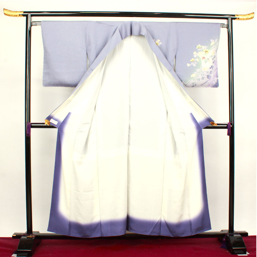 Homongi, lined, length 156cm, sleeve length 64cm, with basting thread, unused, sousui gray, Kyo-Yuzen, artist's work, floral pattern, pure silk, S rank, gray 1112002582322