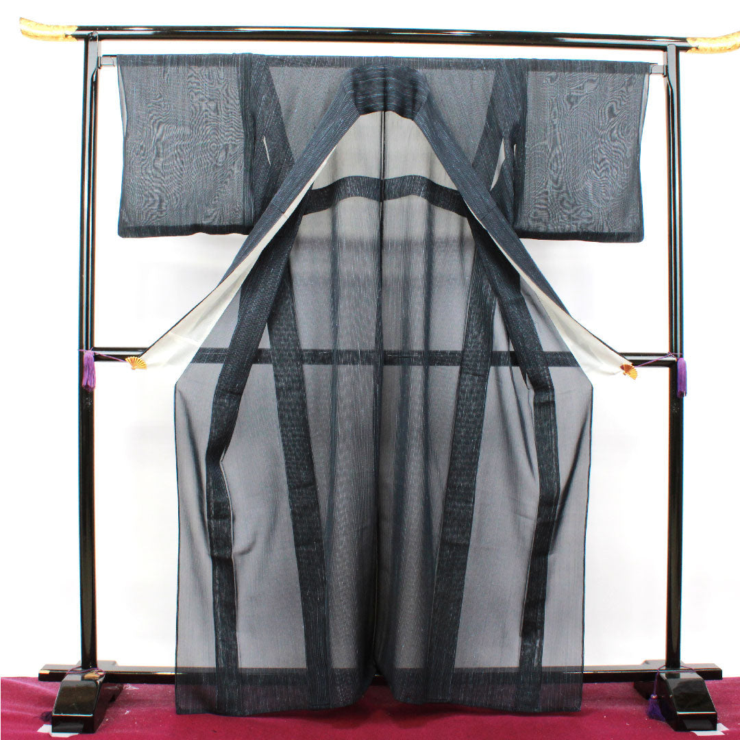 Summer kimono, polyester, pongee, length 163.5cm, sleeve length 67.5cm, striped, washable kimono, gauze, S rank, black, 1132001512410