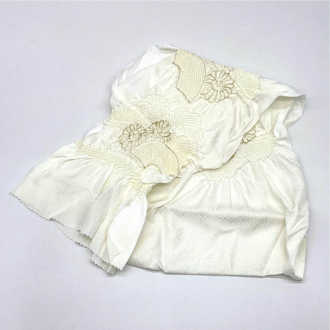 (Like new) Pure silk S-rank obijime and obiage set with fan, for formal kimono, shibori (sash-band) with center opening, approximately 154cm long and 1.5cm wide, white, 1141000132311