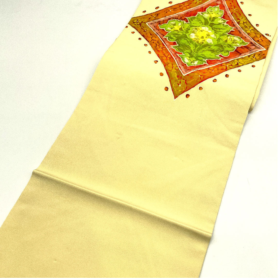 Nagoya obi with diamond and floral pattern, dyed obi, obi length 351cm, pure silk, A rank, point pattern, casual, cream color, 1124001433315, Nagoya style