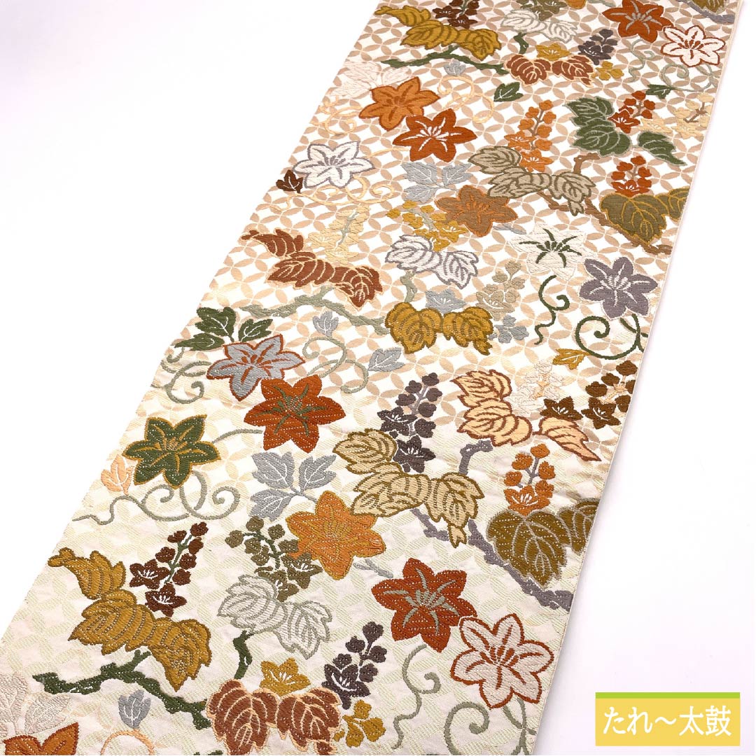 袋帯 正絹 胡粉色（ごふんいろ） 唐織 七宝桐鉄線文 帯丈422cm Aランク 六通 フォーマル 白系 1123014093311