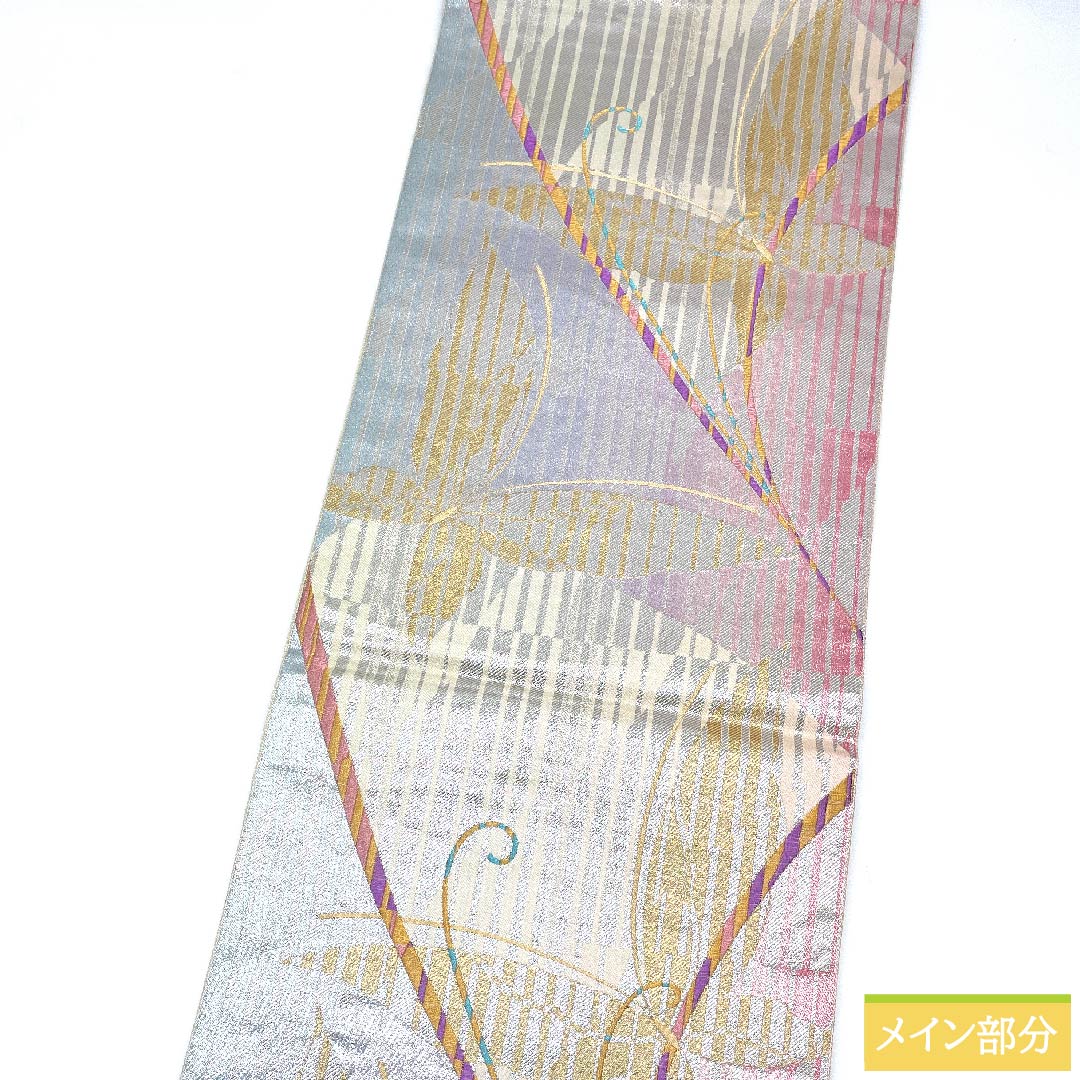 Silver-colored fukuro obi with butterfly pattern, obi length 428cm, pure silk, S rank, six-way, formal, silver-colored, 1123009962322