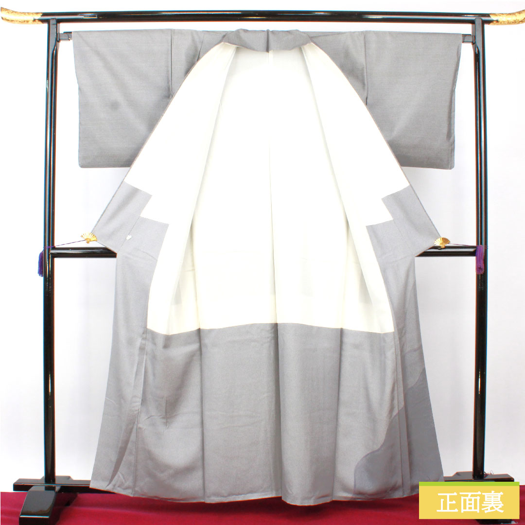 訪問着 正絹 袷 身丈162.5cm 裄丈66.5cm 錫色（すずいろ） 大島紬地 刺繍 抽象模様 Sランク グレー系 1112004582422