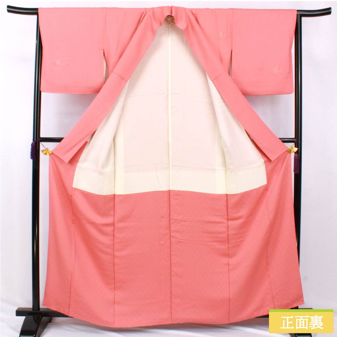 Solid-colored kimono (iromuji) made of pure silk, grade A, length 161cm, sleeve length 63cm, peach-red (tokoshoku) color, Kumi silk, durable dyeing, Tango crepe, lined, pink, product number 1114002443413