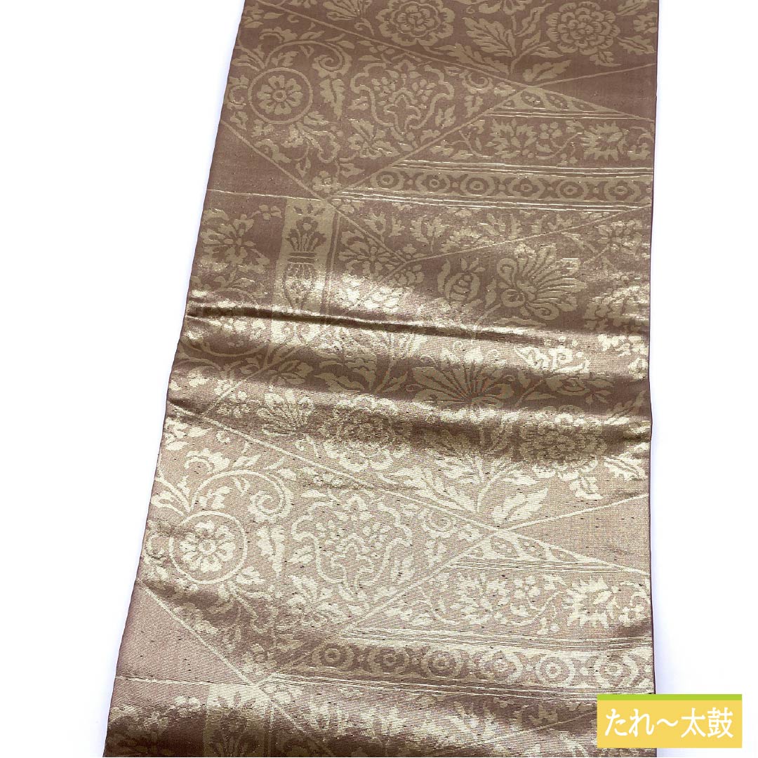 Fukuro Obi (Sash) - Pure Silk - Peony Gray - European Pattern - Obi Length 428cm - B Rank - Six Passes - Semi-Formal - Gold 1123012314321