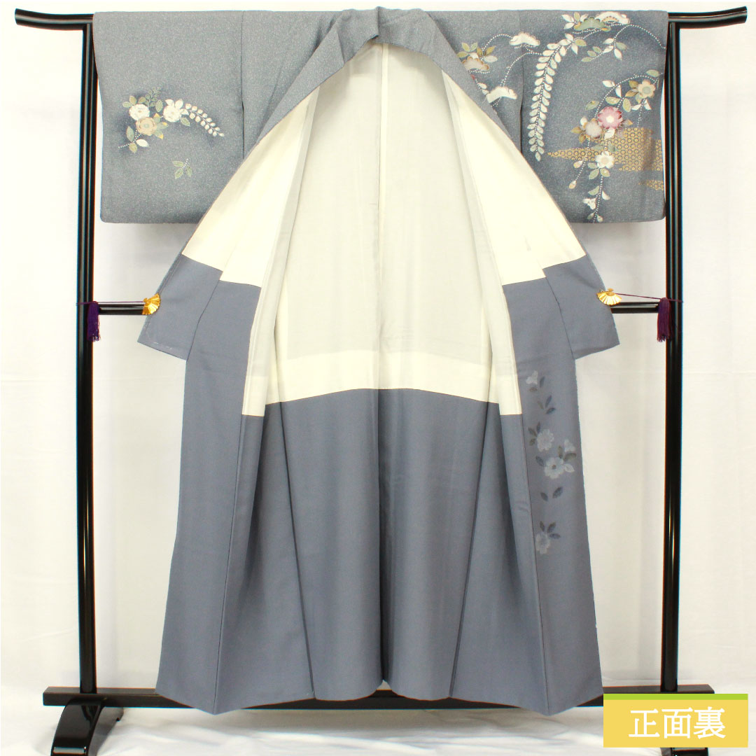 訪問着 正絹 袷 身丈155cm 裄丈63.5cm 青袋鼠色（せいたいねずいろ） 辻ヶ花 タタキ染 一つ紋 花紋 Sランク グレー系 1112005142322