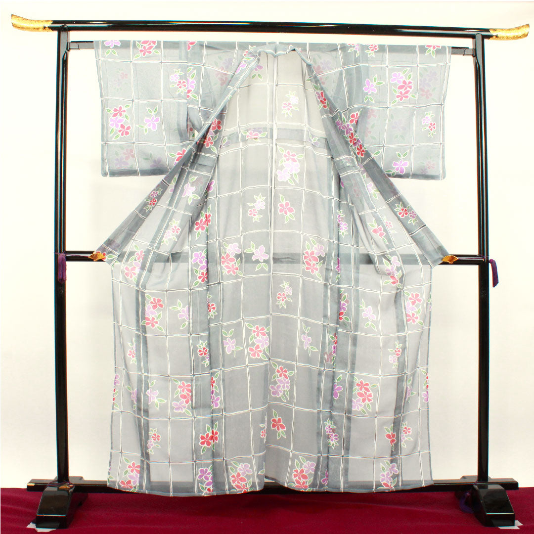 夏物 ポリエステル 小紋 身丈160cm 裄丈64.5cm 白銅色（はくどういろ） 格子 花模様 しつけ糸付き 紗 Sランク グレー系 1132001602422