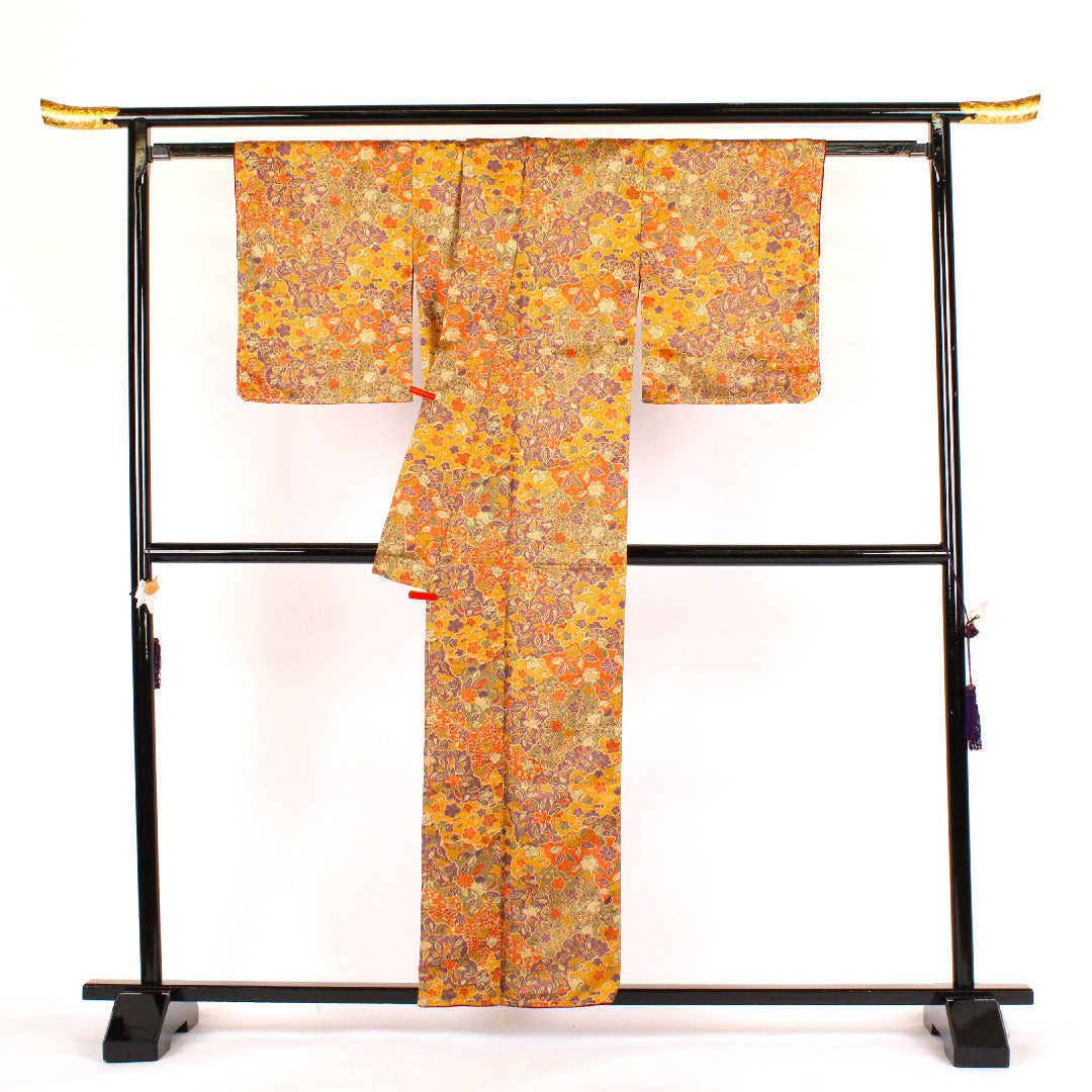 小紋 身丈158cm 裄丈63cm 袷  洗える着物 更紗柄 紗綾形 ポリ Sランク 黄系 1115000062323