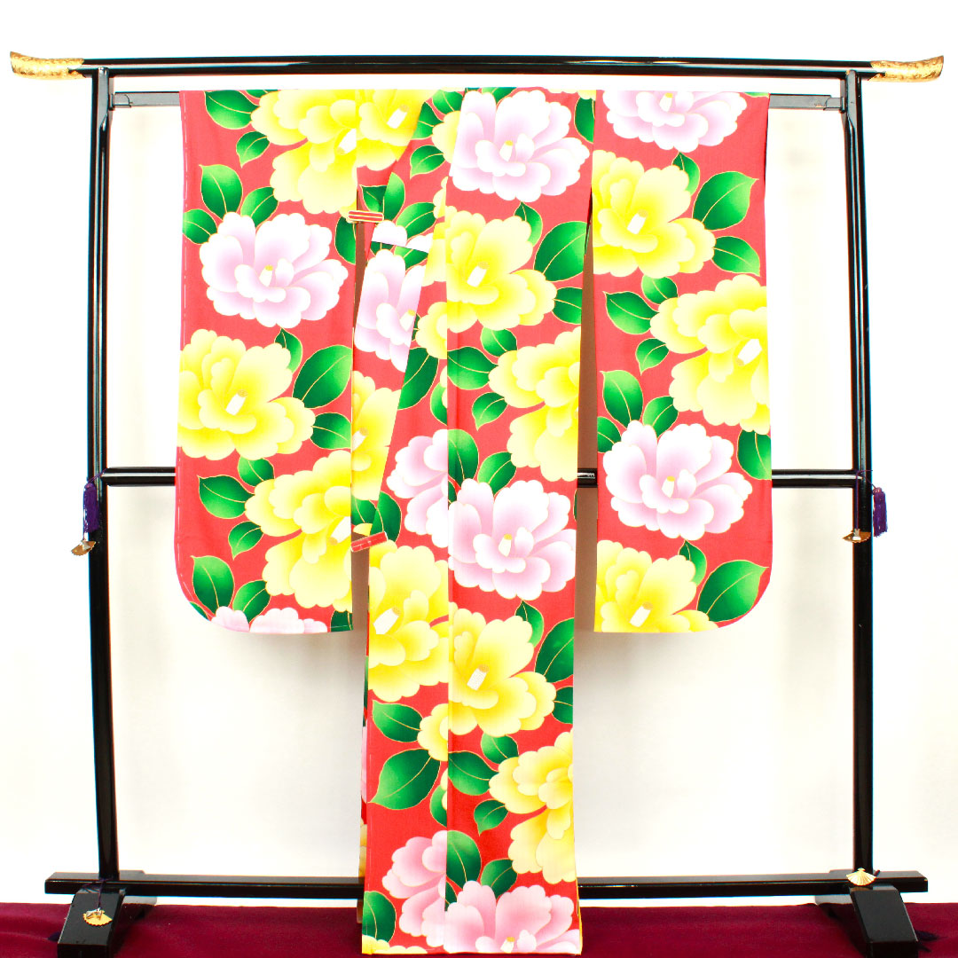 振袖 身丈168cm 裄丈67.5cm 袷  紅色 洗える着物 椿  ポリ Sランク 朱系 1113001072516