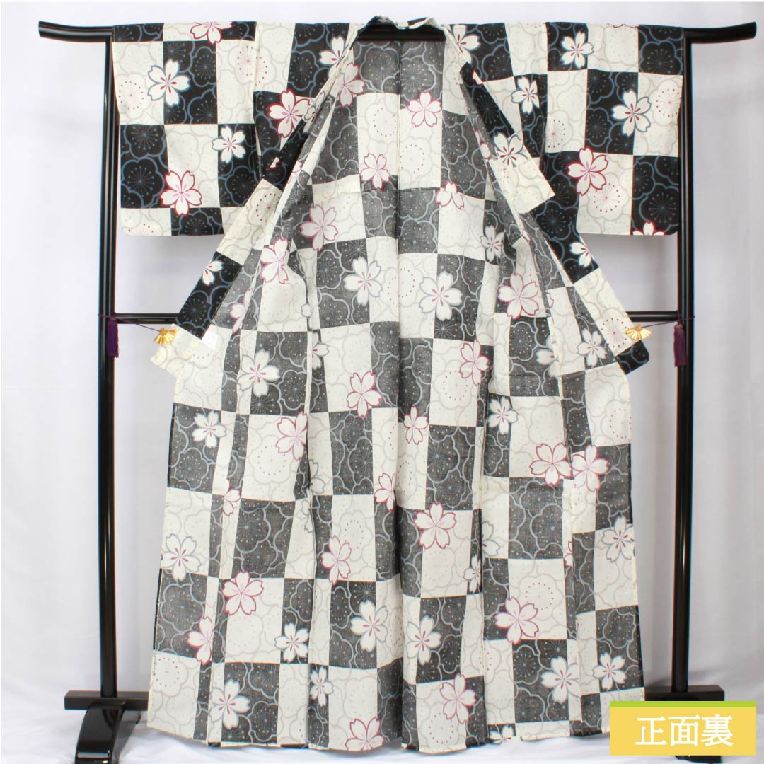 Cotton Yukata, Length 166.5cm, Sleeve Length 67cm, S Rank, Single Layer, Monochrome, Checkered Pattern, Cherry Blossom and Plum Blossom Design, 1118006012527