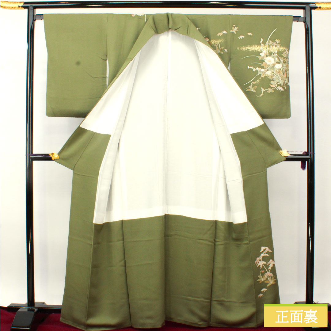 訪問着 正絹 袷 身丈164.5cm 裄丈65.5cm 山鳩色（やまばといろ） 京友禅 草花模様 Sランク 緑系 1112004722419