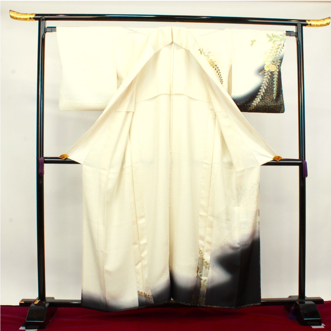 訪問着 正絹 単衣 身丈158.5cm 裄丈64cm 乳白色 金彩加工 花車 草花模様 Sランク クリーム系 1112003292315