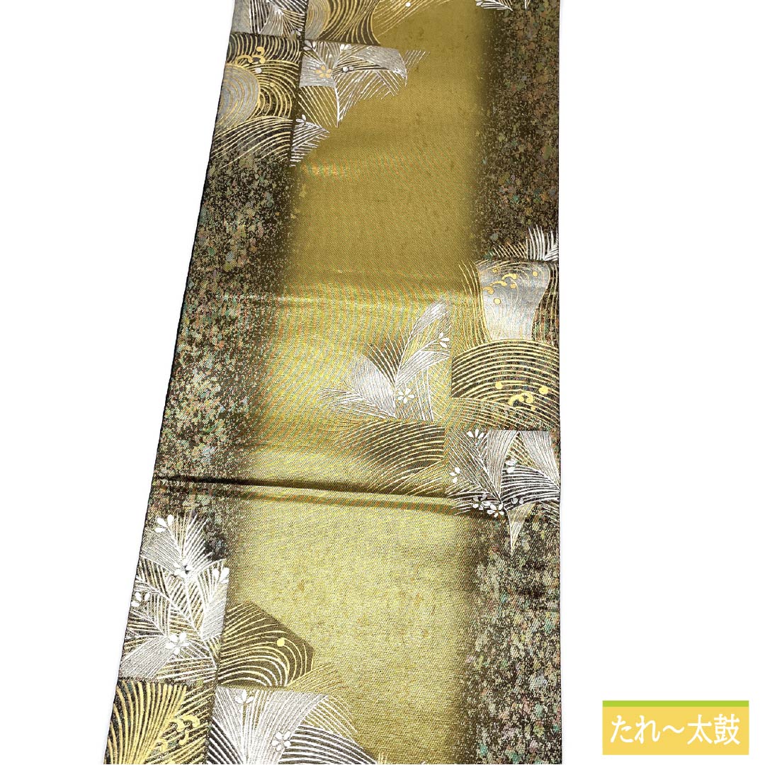 袋帯 正絹 金色（きんいろ） 玉虫金彩 金銀彩 玉虫金綵螺施ファンタジー 作家物 帯丈440cm Sランク 六通 フォーマル 金系 1123012032321