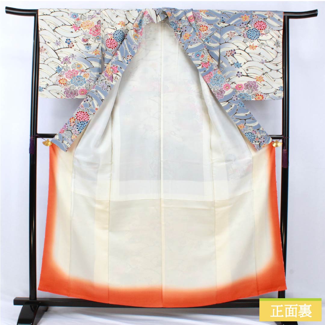 Visiting Kimono, Pure Silk, Grade A, Lined, Length 158cm, Sleeve Length 65cm, Navy Blue, Kyoto Bingata Flower Design, Blue Basting Thread Included, Product Number: 1112007023317