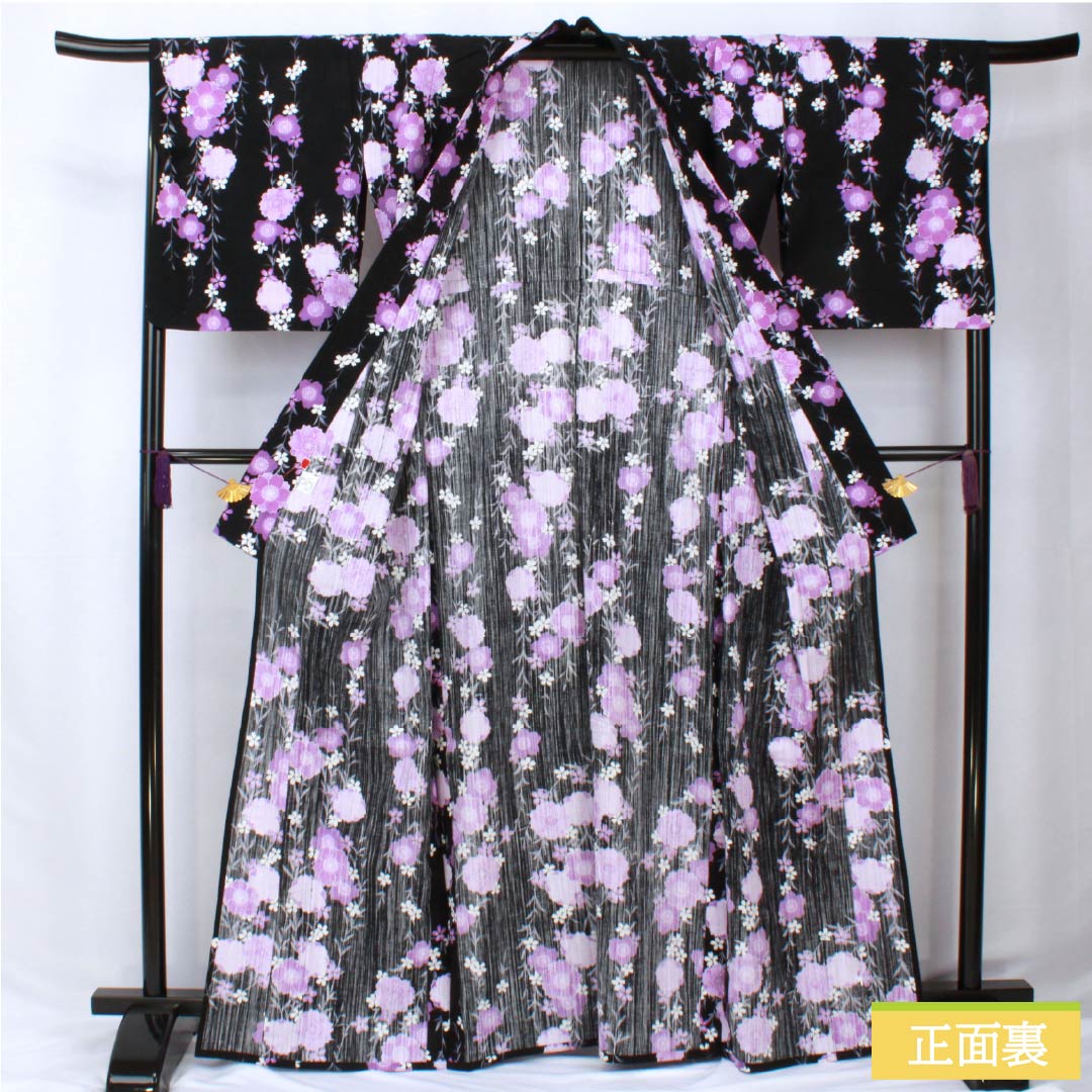 Cotton-linen Yukata, Length 165cm, Sleeve Length 69cm, Rank A, Single-Layer, Black, Weeping Cherry Blossom Pattern, Cotton-linen, 1118006043510