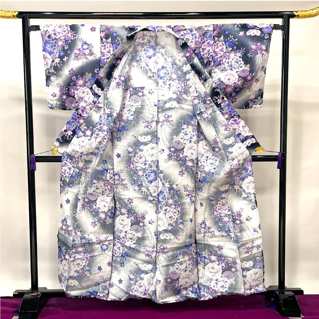 浴衣 桜 木綿 Sランク 単衣 身丈162cm 裄丈66cm 黒系 1118001502410