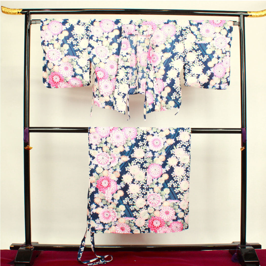 Yukata Dark navy blue Two-piece Floral pattern Polyester S rank Unlined Navy 1118001552118