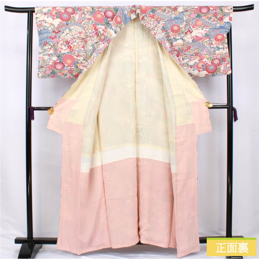 Komon (small pattern) silk, A-rank, length 158.5cm, sleeve length 64cm, lined, light-colored (usunukuiro) Kyoto Bingata pattern, auspicious motif, white with basting threads, product number 1115006983311
