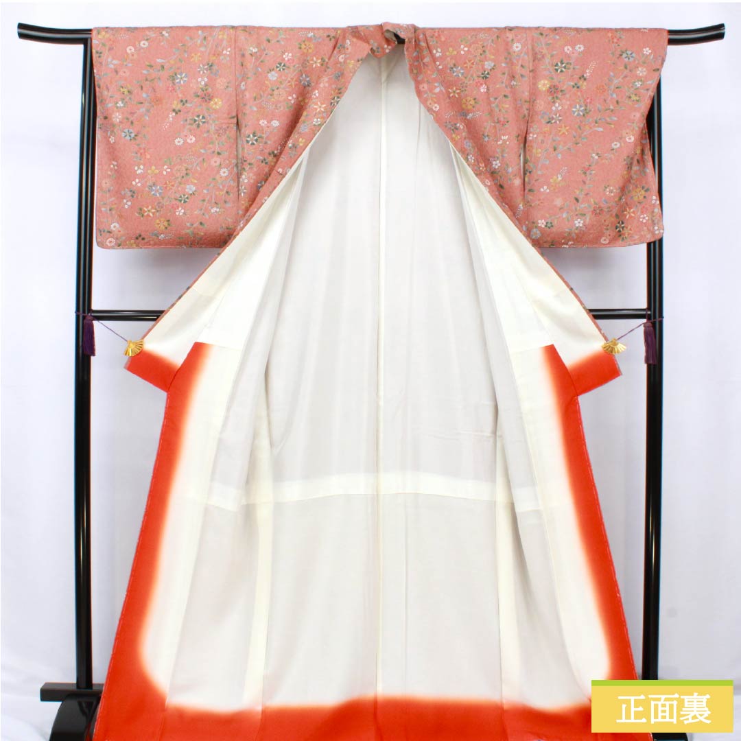 Komon (small pattern) kimono, pure silk, S rank, length 168cm, sleeve length 66cm, lined, light purple (asakura) color, floral pattern, pink with basting thread, product number 1115007152513