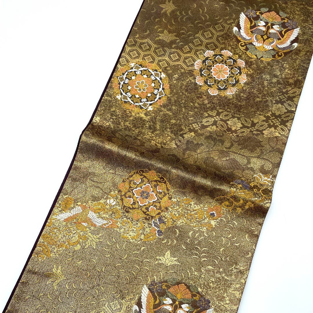 Fukuro Obi Gold Hosohana Flower Arabesque Phoenix Obi Length 428cm Pure Silk A Rank Six-pass Formal Beige 1123007593325