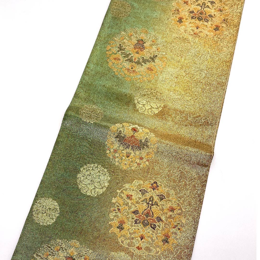 Fukuro Obi (Buddha's Hand Orange Color) Mirror Pattern Obi Length 438cm Pure Silk S Rank Six-way Formal Green 1123007982319