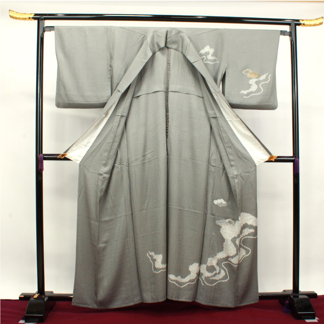訪問着 正絹 単衣 身丈160cm 裄丈66cm 錫色 汕頭刺繡 絞り Sランク グレー系 1112003302422