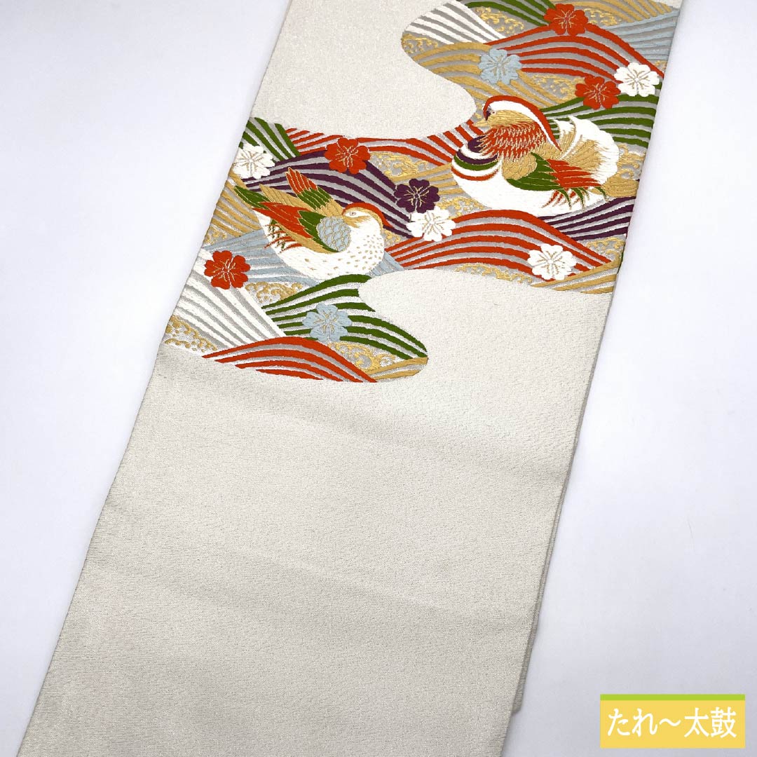 Nagoya Obi with a Mandarin and Cherry Blossom Design and Wave Pattern, Length 364cm, Pure Silk, A-Rank, Pointed Pattern, Silver, Semi-Formal, 1124008933322, Nagoya Style