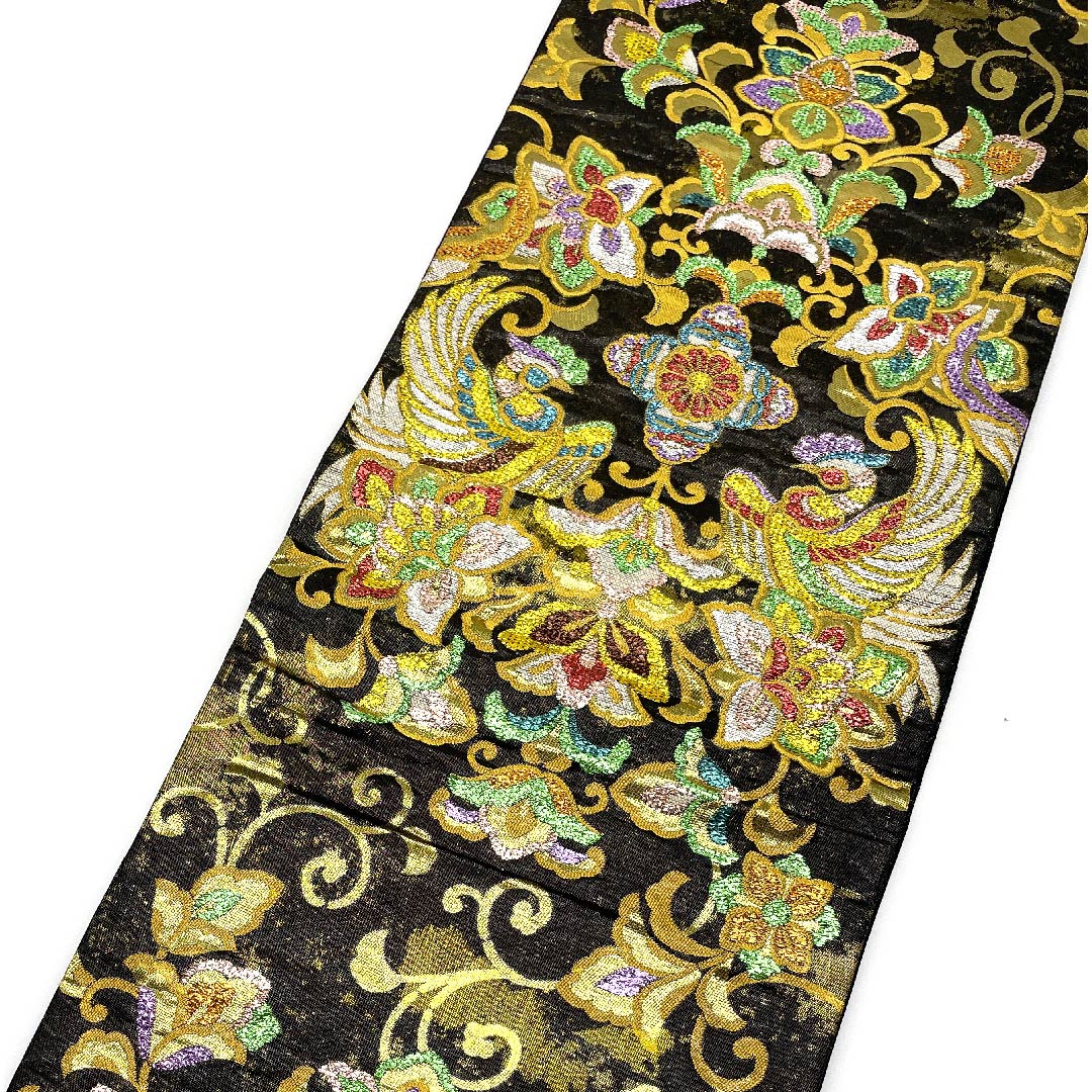 袋帯 黒色 振袖用 唐花模様 鳳凰 帯丈435cm 正絹 Aランク 六通 フォーマル 黒系 1123007133310
