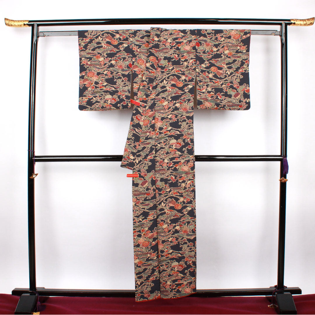 Small pattern, Length 154.5cm, Sleeve length 60.5cm, Lined, Blue-brown, Stencil dyeing, Floral pattern, Pure silk, A rank, Navy blue, 1115002293218