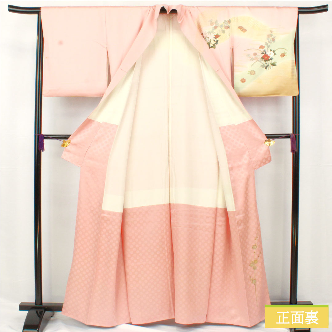訪問着 正絹 袷 身丈161.5cm 裄丈65.5cm 薄紅梅色（うすこうばいいろ） 京友禅 吉祥文様 Bランク ピンク系 1112006004413