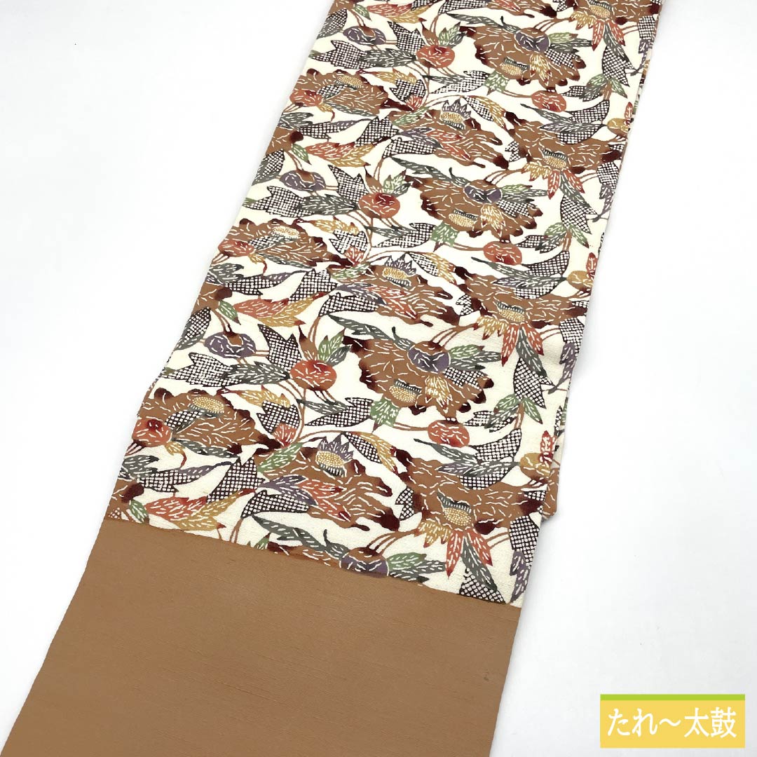 Nagoya Obi, Pure Silk, Grade B, Off-White, Bingata-style Stencil Dyeing, Abstract Floral Pattern, Length 348cm, Six-Ply, Casual, Cream-Tone, Product Number 1124009744315, Nagoya Style