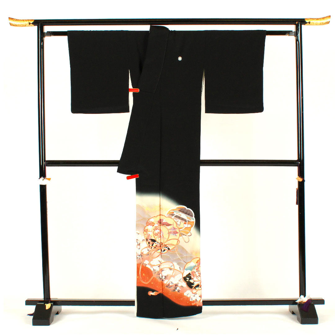 Black formal kimono, length 161cm, sleeve length 64cm, lined, Kyoto Yuzen, auspicious motif, circle with tangerines, pure silk, A rank, five crests, black, 1111000373410