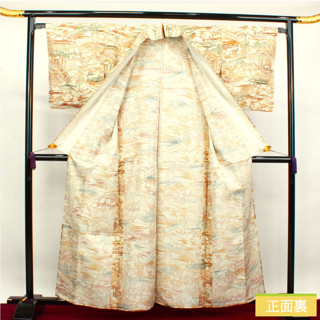 小紋 正絹 身丈160.5cm 裄丈65.5cm 単衣  生成り色 紬地 茶屋辻  Aランク クリーム系 1115003873415