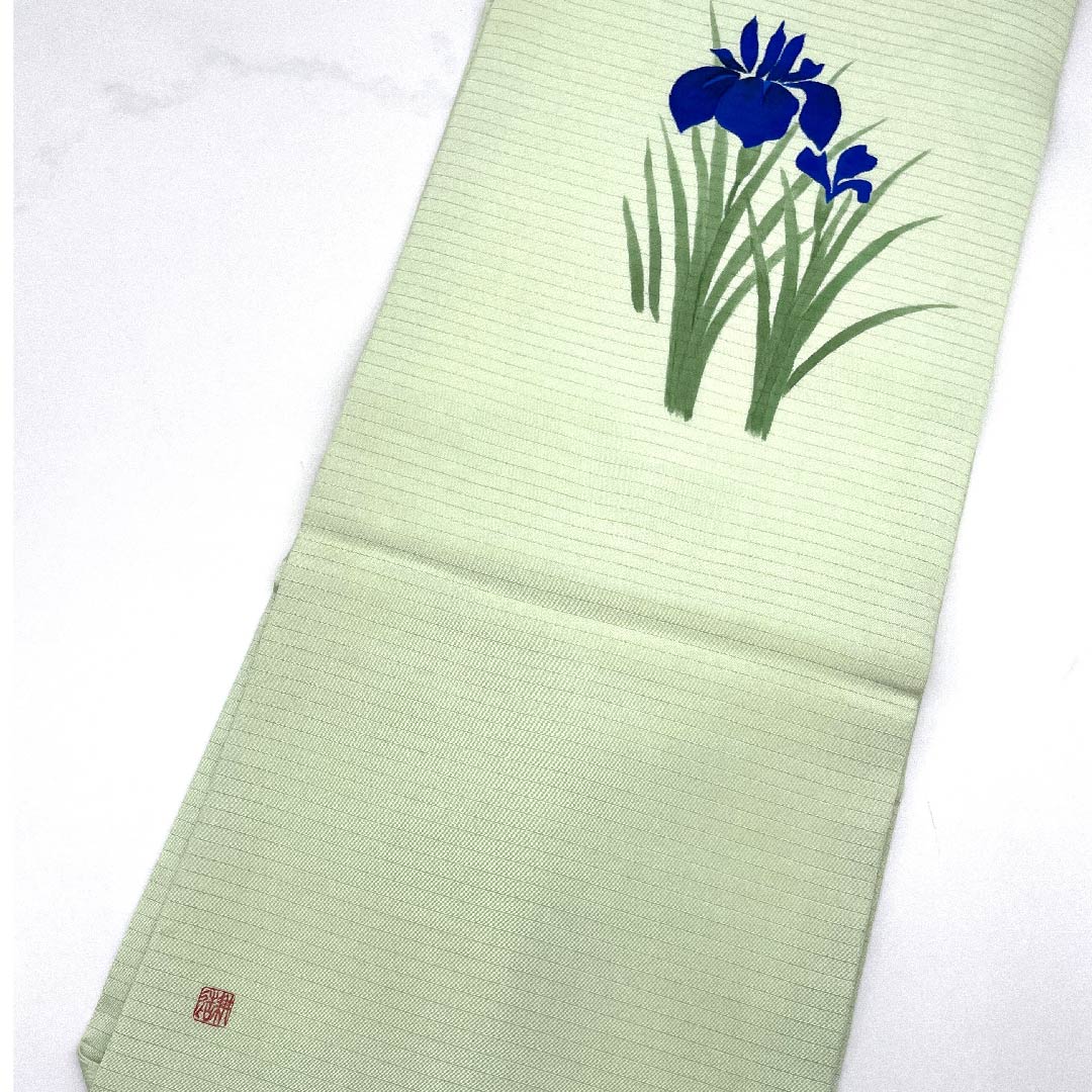 名古屋帯 龍泉青瓷釉色色 夏帯 絽 染帯 作家物 あやめ 帯丈353.5cm 正絹 Aランク ポイント柄 カジュアル 緑系 1124004263319  名古屋仕立て