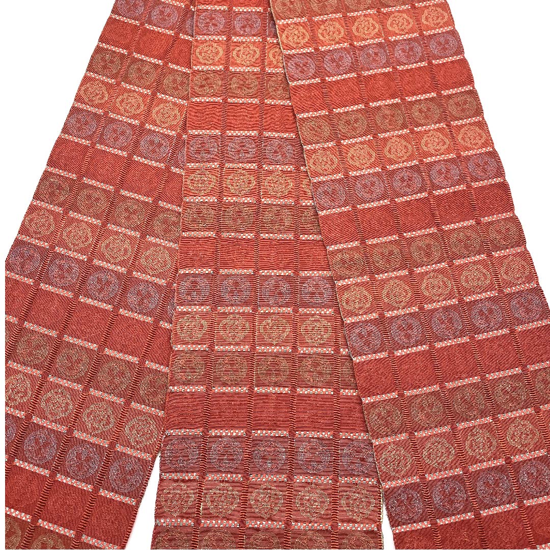 [Unsewn] Hanhaba obi, cotton, S rank, Hidoshoku-iro (vermilion copper color), Ichimatsu, Maru-mon, Obi length 330cm, Red系 1125000382316