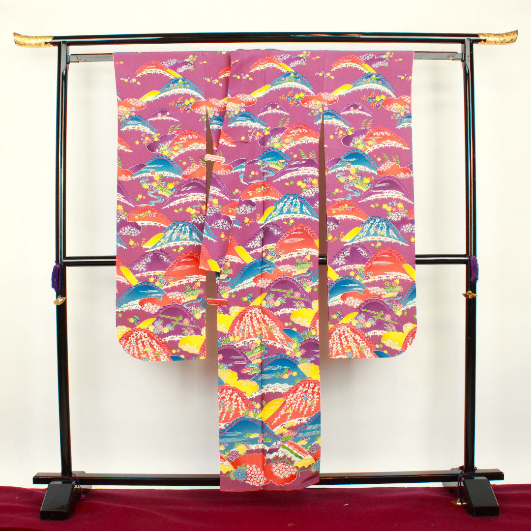 振袖 身丈155cm 裄丈63cm 袷  織葡萄色 型染 遠山 草花模様  正絹 Aランク 紫系 1113000923320
