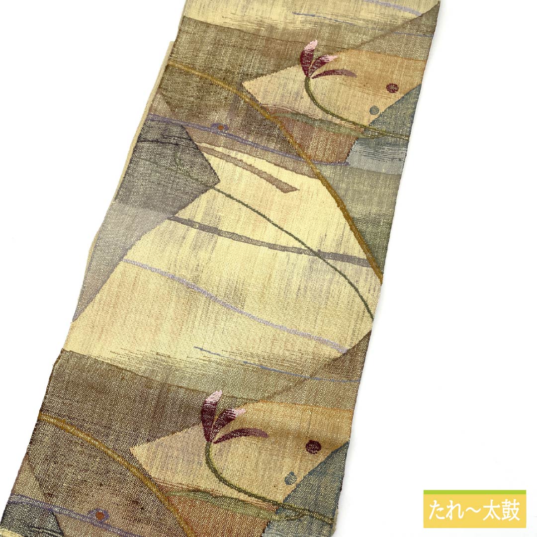 Nagoya obi, Torinoko color, Tsumugi fabric, abstract floral pattern, geometric pattern, obi length 368cm, pure silk, S rank, six-pass, casual, beige, 1124008232325, Nagoya style