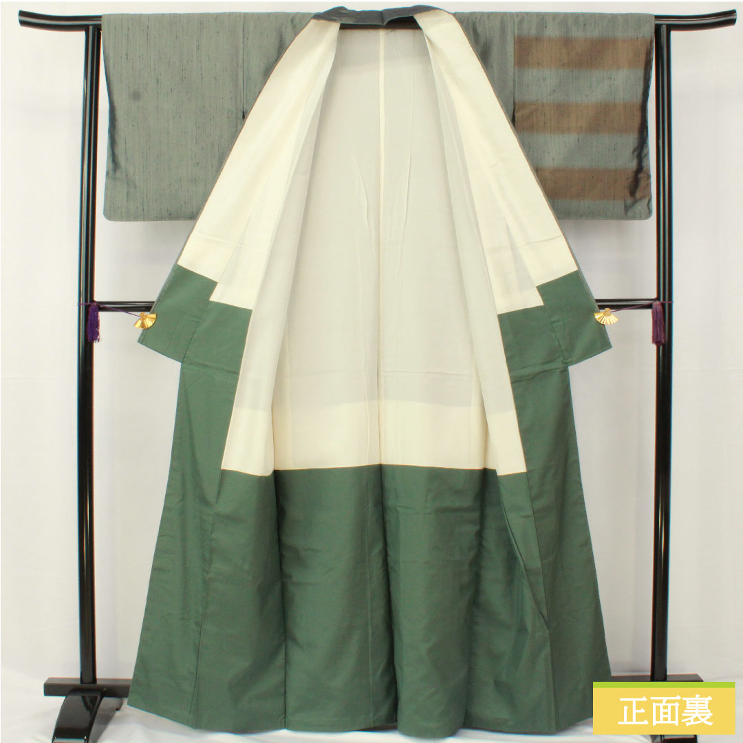 Homongi, pure silk, lined, length 163.5cm, sleeve length 63.5cm, Fukagawa gray, pongee fabric, abstract pattern, S rank, green, 1112005872419