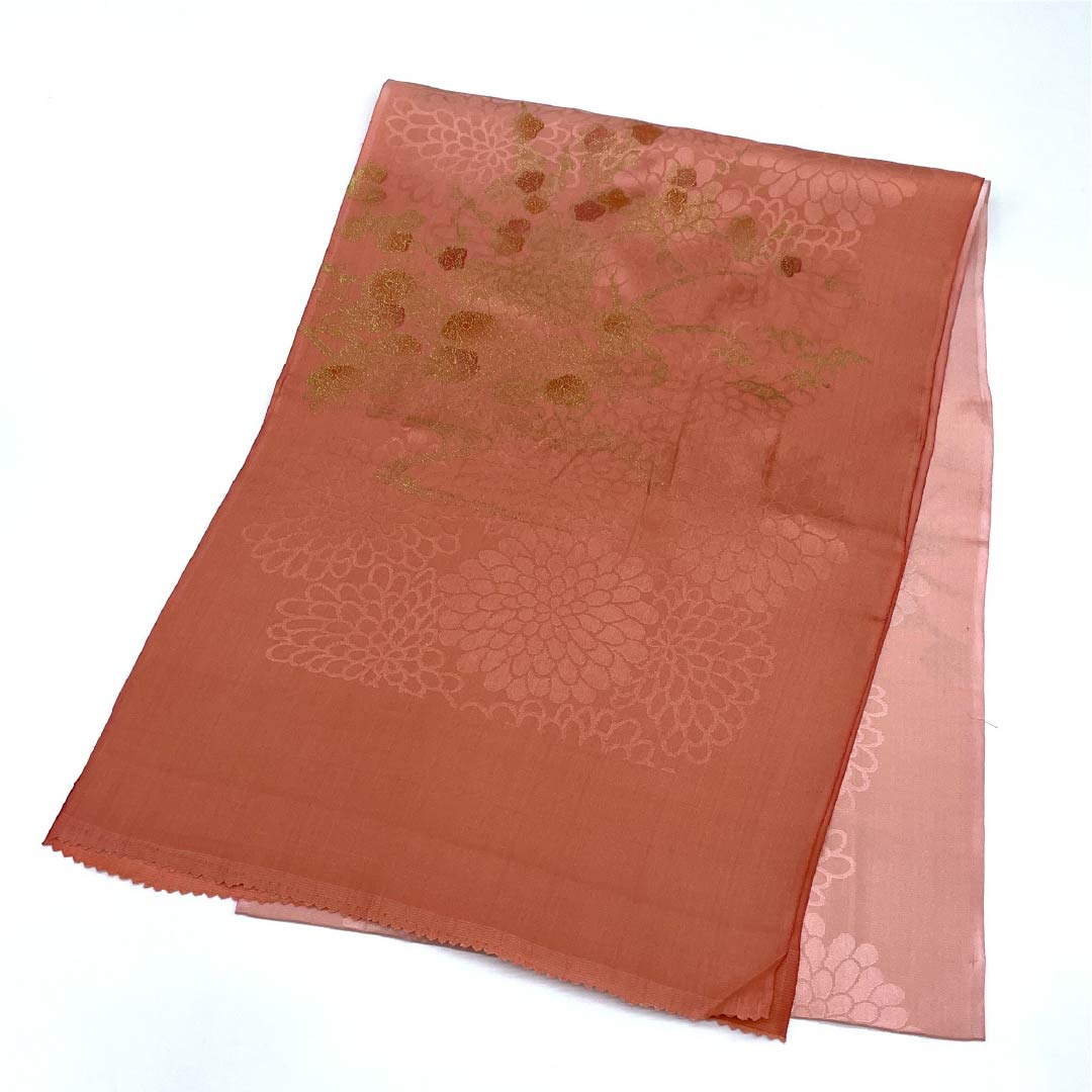 Semi-formal silk obiage (sash), S rank, coral and dawn colors, featuring chrysanthemums, approximately 171cm long and 30cm wide, pink. Product number: 1136002352913