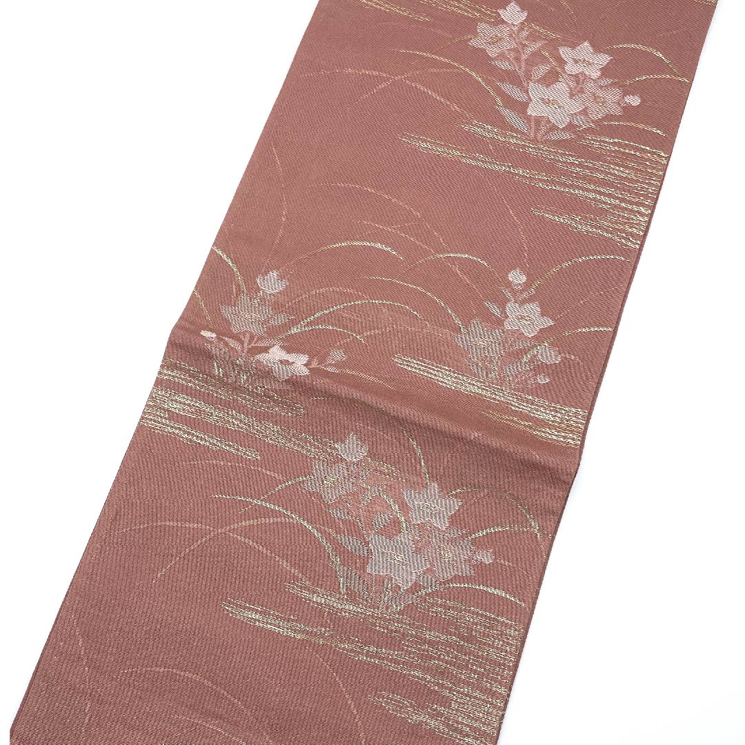 袋帯 浅蘇芳色（あさきすおういろ） 夏帯 桔梗 露芝 夏物 帯丈432cm 正絹 Aランク 六通 フォーマル ピンク系 1123007663313